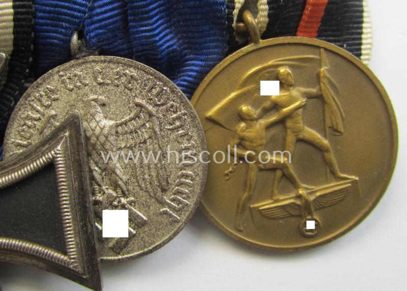 Three-pieced WH (Luftwaffe) medal-bar (ie.: 'Ordenspange') resp. showing an: 'EKII. Kl.', a: 'WH-DA der 4. Stufe' (with down-tailed eagle-device) and a: Czech 'Anschluss'-medal