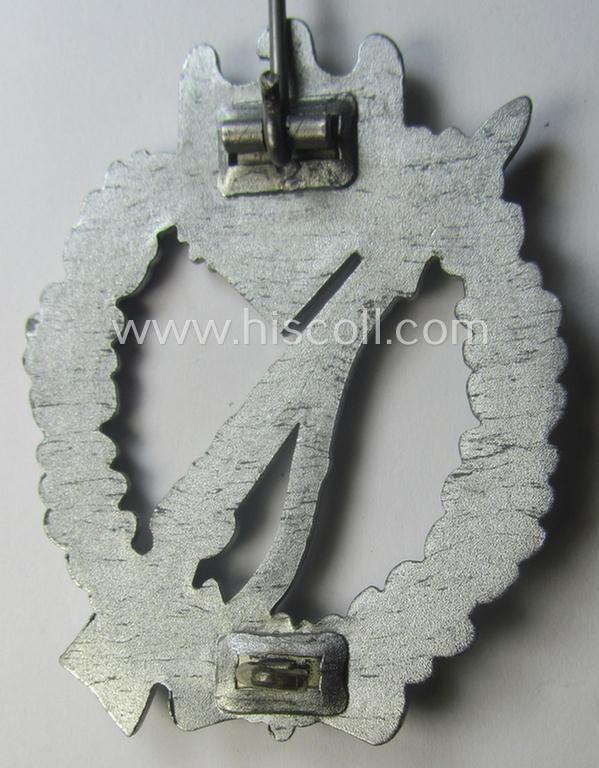 'Virtually mint', silver-class 'Infanterie Sturmabzeichen in Silber' being an unmarked (so-called: 'pillow-crimped') example as was executed in silverish-coloured, zinc-based metal (ie. 'Feinzink')