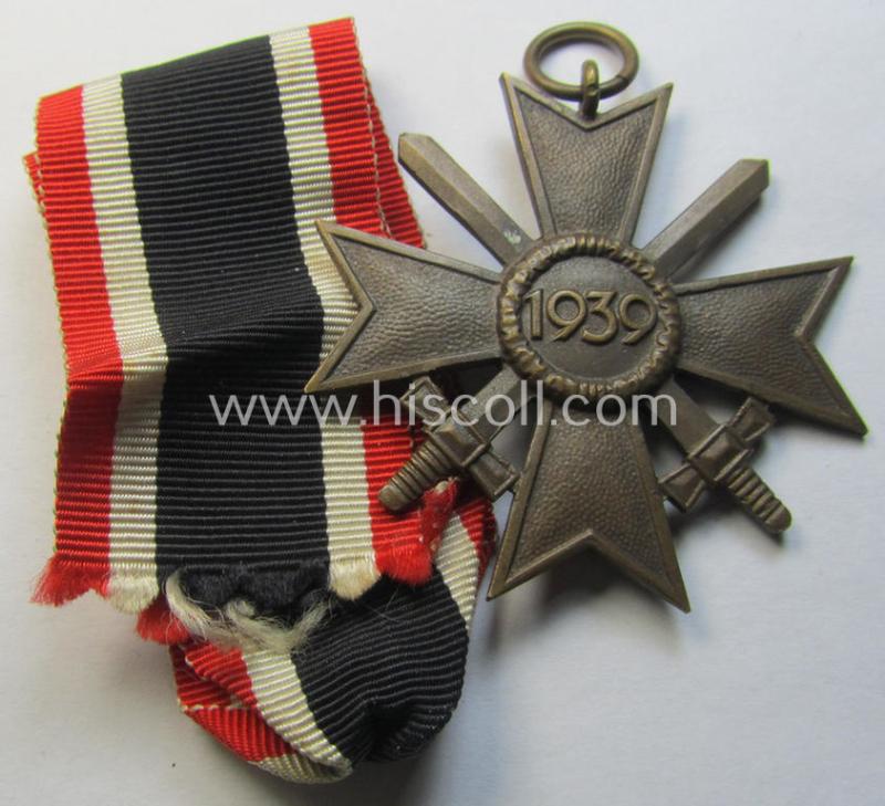 Medal-set: 'KvK II. Klasse mit Schwertern' being a (typical) non-maker-marked- (and/or 'Buntmetall'-based) specimen that came mounted onto its original, minimally confectioned' ribbon (ie. 'Bandabschnitt')