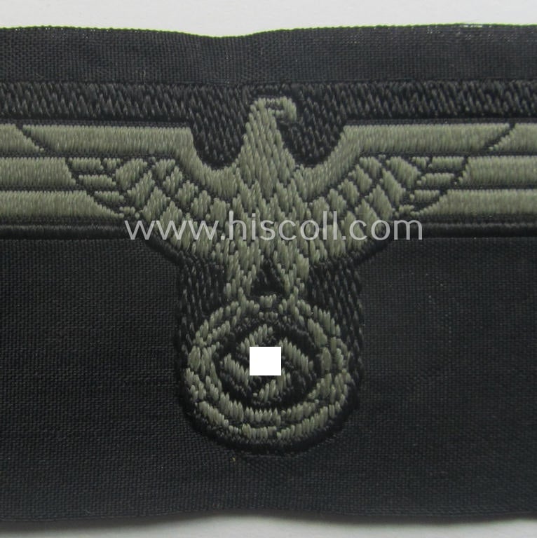 WH (Heeres) later- (ie. mid-war-) period- and/or bluish-grey-coloured 'Panzer'-type side-cap-eagle a executed in the neat 'BeVo'-weave pattern onto a typical black-coloured background