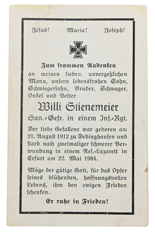 German WH Deathcard 'Willi Stienemeier'