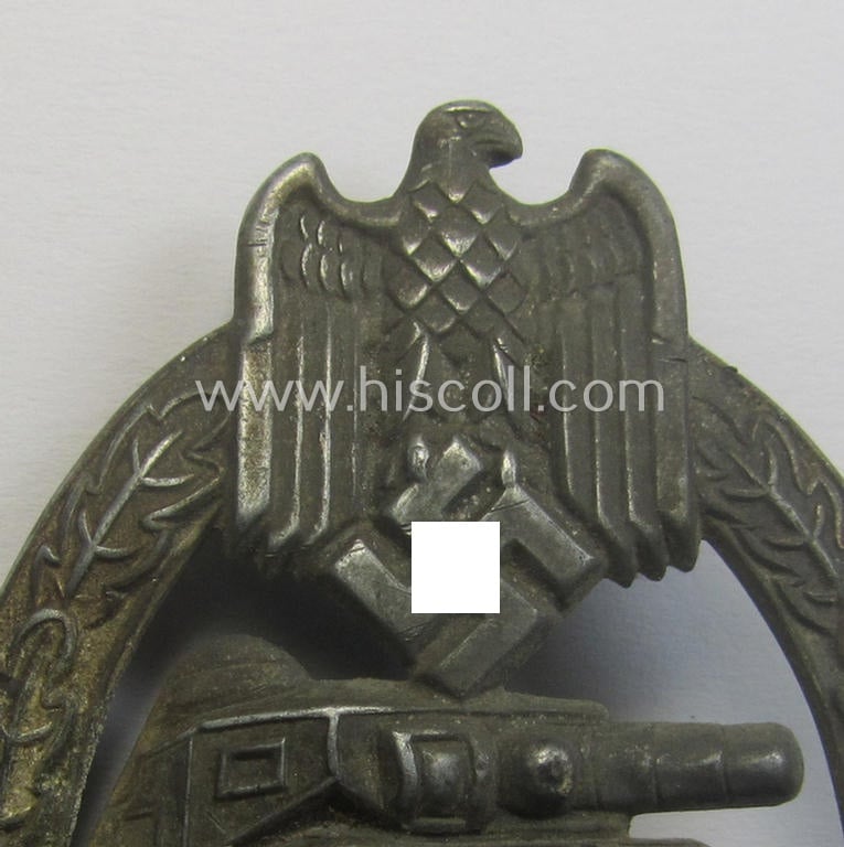 'Hollow'-styled, 'Panzerkampfabzeichen in Silber' (or: silver-class panzer-assault badge or PAB) being a detailed- and/or: zinc- (ie. 'Feinzink'-) based version as was procuced by the: 'B.H. Mayer'- (ie. 'Otto Schickle'-) company