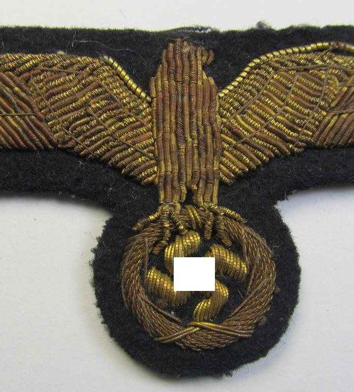 Attractive - and just moderately used! - WH (Kriegsmarine) officers'-type, hand-embroidered breast-eagle (ie. 'Brustadler für Offiziere') as was executed in bright-golden-coloured braid as was intended for usage on the various officers'-pattern t...
