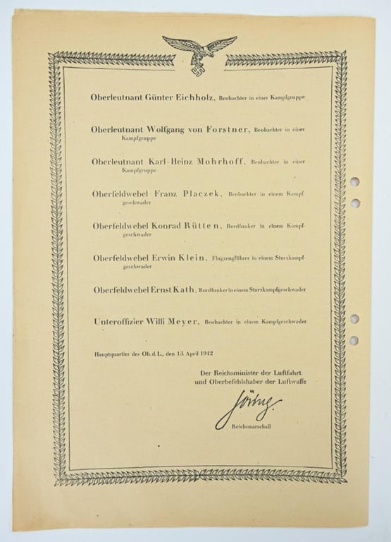 German LW Honor Chart DKIG- Ehrenpokale