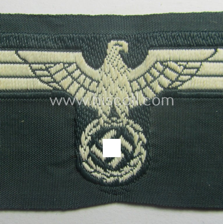WH (Heeres) pre- (ie. early-) war-period- and/or white-coloured WH (Heeres) type side-cap-eagle as executed in the neat 'BeVo'-weave pattern onto a darker-green-coloured background