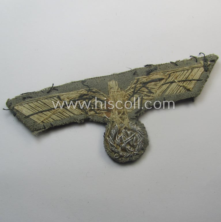 Clearly used- and/or worn, WH (Heeres) Panzer-related officers'-type, hand-embroidered breast-eagle (ie. 'Brustadler für Offiziere') as was intended for usage onto the 'wrap-around', officers'-pattern tunics