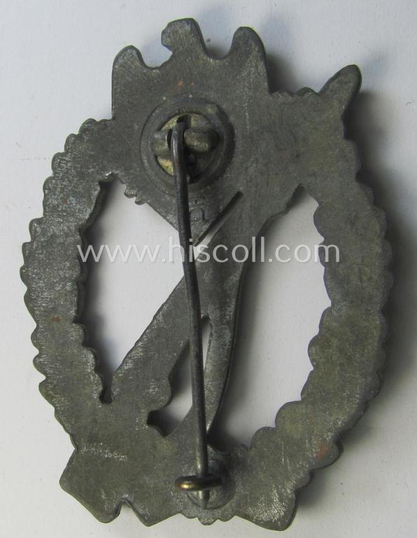 Attractive - surely worn but truly detailed! - 'Infanterie Sturmabzeichen in Silber' (or: silver-class infantry assault-badge ie. IAB) being a maker- (ie. 'HA'- ie. 'Hermann Aurich') marked example as executed in zinc-based metal (ie. 'Feinzin...