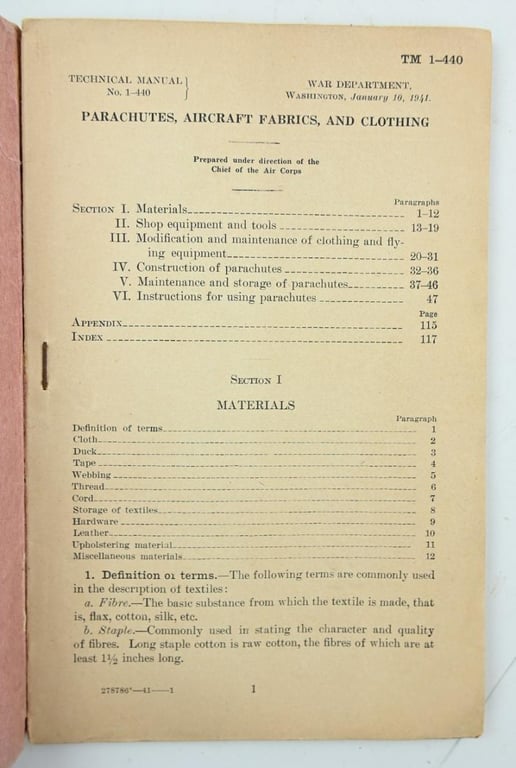 US WW2 Technical Manual TM 1-440 Parachutes, Aircraft Fabrics and Clothing.