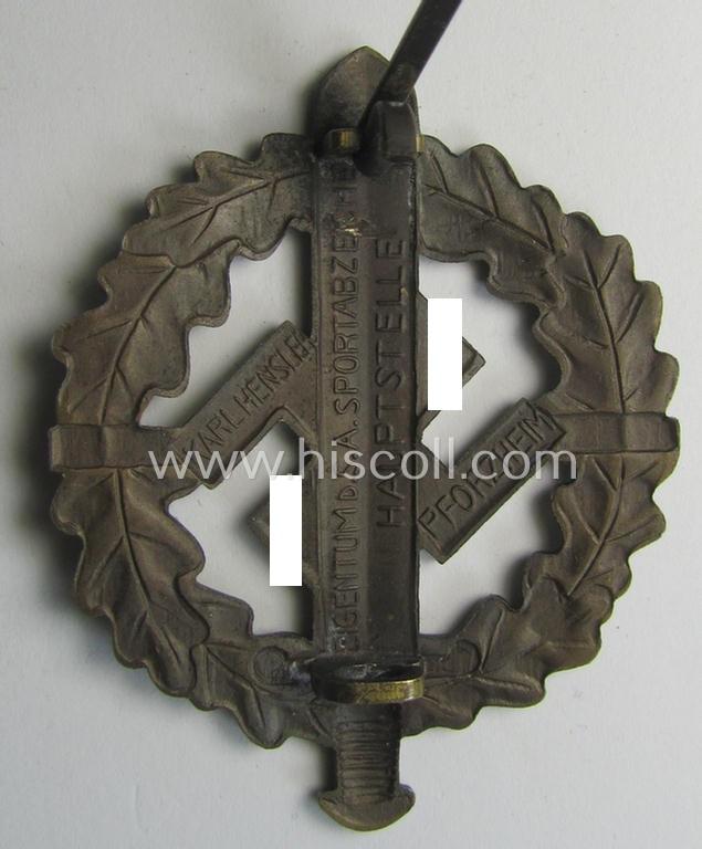 Superb, early- (ie. eventually pre-war-) period example of an: 'SA-Sportabzeichen in Bronze' being a clearly maker- (ie. 'Karl Hensler - Pforzheim'-) marked example that comes in an overall very nice- (ie. 'virtually mint'-), condition