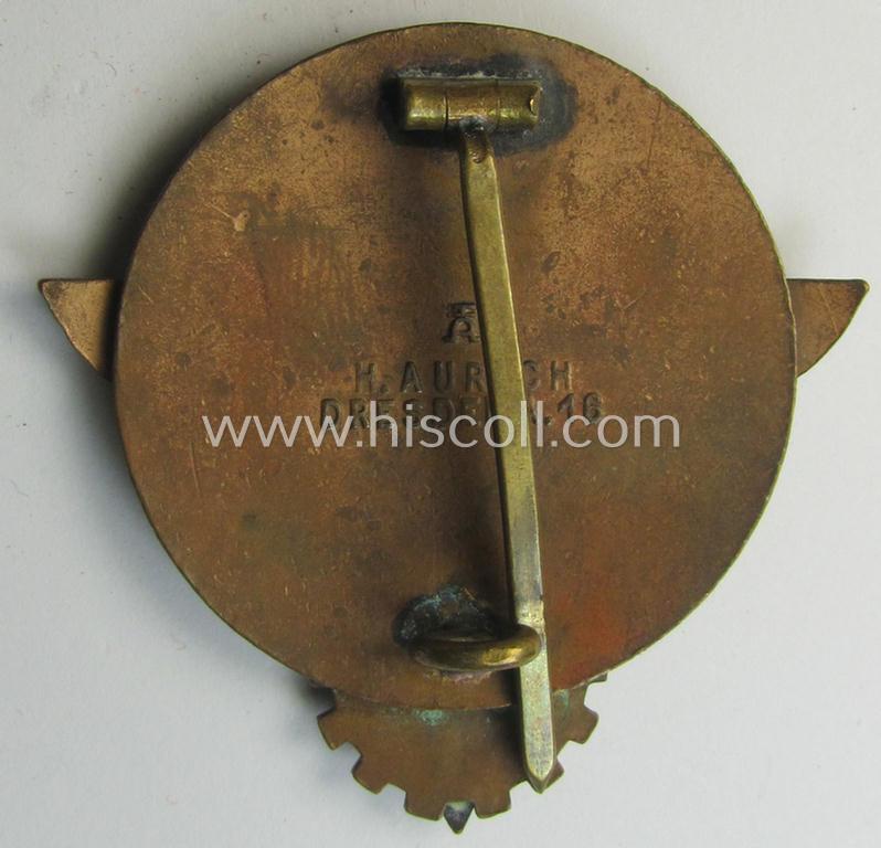 'HJ'- ('Hitlerjugend') ie. 'BDM'- ('Bund Deutscher Mädel') related: 'Reichsberufswettkampf-Siegerabzeichen' (of the 2nd model) entitled: 'Kreissieger 1939' and being a neatly maker- (ie.: 'H. Aurich'-) marked example