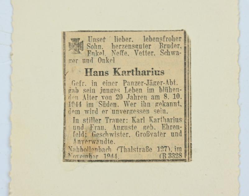 German WH Portrait Picture 'Hans Kartharius'