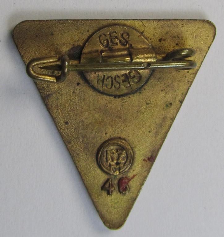 Neat, 'NS-Frauenschaft'-membership-badge (ie. 'Mitgliedsabzeichen', being a 25-mm.-sized (ie. 'Halbminiatur') example of the fourth pattern that shows a: 'RzM 46'- and/or: 'Ges.Gesch.'-patent-pending designation on its back