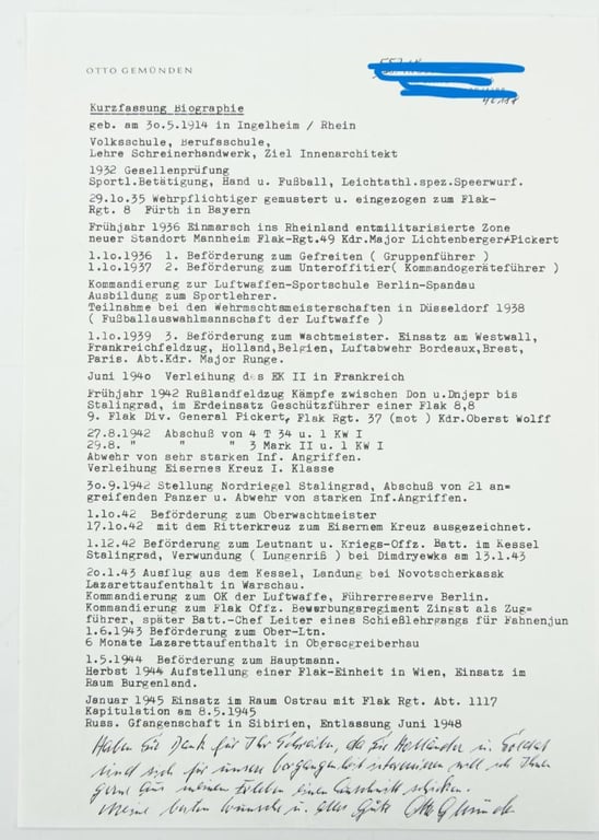 Signature of Luftwaffe KC Recipient 'Otto Gemünden'