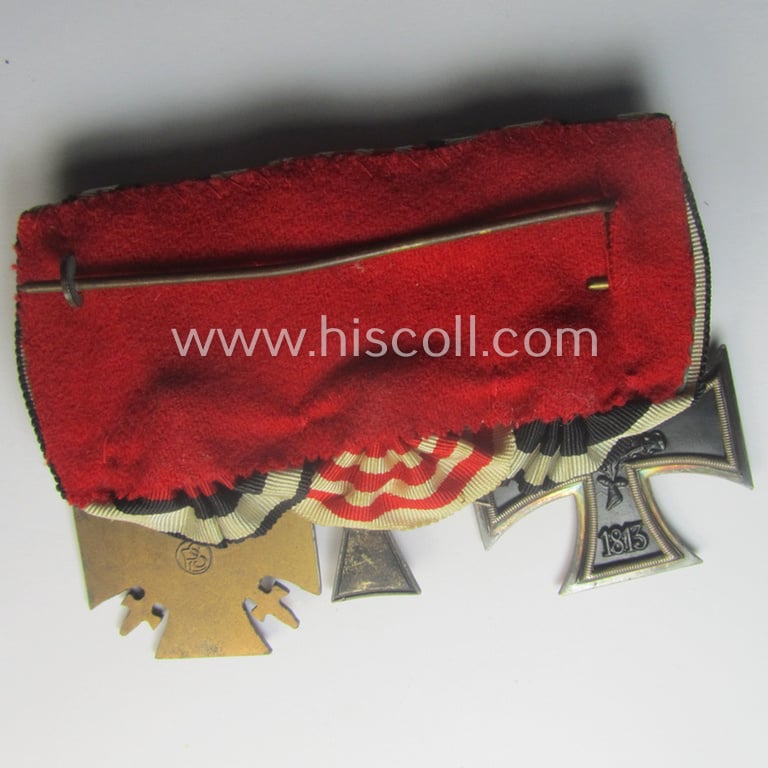 Three-pieced, 'WWI'-related medal-bar (ie. 'Ordenspange') resp. depicting a WWI-period: 'EK II.Kl.', a neatly enamelled 'Hanseatenkreuz Bremen' and a: 'FKK 1914-18 mit Schwn.'