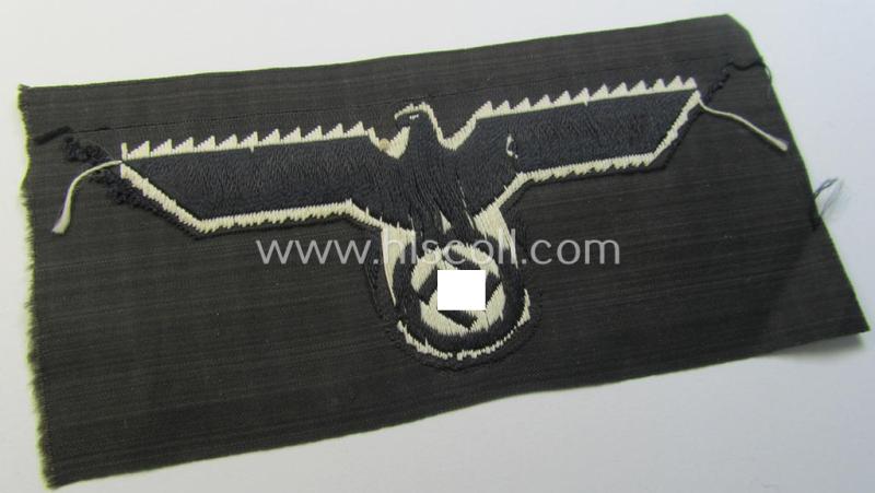 Neat, WH (Heeres) early- (ie. evt. pre-) war-period- and/or white-coloured 'Panzer'-type breast-eagle of the so-called: 'M39'- (ie.'M40'-) pattern as was executed in the neat 'BeVo'-weave pattern on a black-coloured background