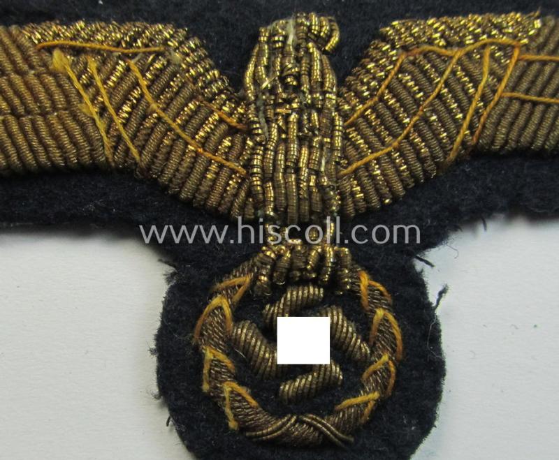Superb - and just moderately used! - WH (Kriegsmarine) officers'-type, hand-embroidered breast-eagle (ie. 'Brustadler für Offiziere') as was executed in bright-golden-coloured braid as was intended for usage on the various officers'-pattern tunic...