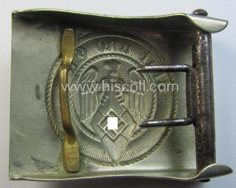 Attractive, HJ (ie. 'Hitlerjugend') bright-silver-coloured- (ie. nickle-chrome-based and early-pattern) belt-buckle being a non-maker- marked example that comes in a just moderately used- ie. worn, condition