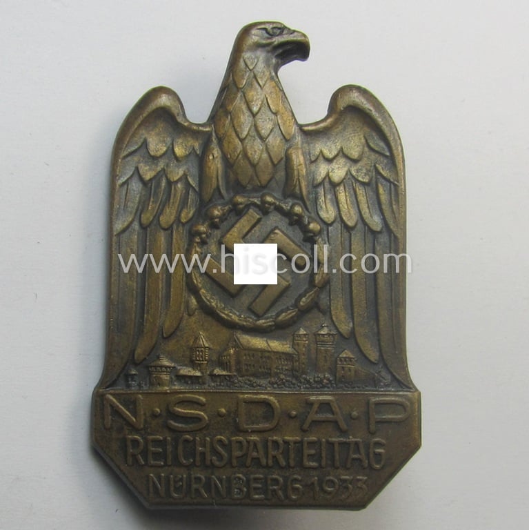 Superb, N.S.D.A.P.-related 'tinnie' (ie. 'Tagungs- o. Veranstaltungsabzeichen'-) being a non-maker-marked, 'solid-back'-pattern and/or golden-bronze-toned example showing the text: 'N.S.D.A.P. Reichsparteitag - Nürnberg 1933'