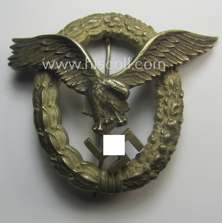 Superb, WH (Luftwaffe) 'Flugzeugführer-Abzeichen' (or: pilots'-badge) being a (typical) non-maker-marked- and/or: 'Buntmetall'-based example by the maker: 'Friedrich Linden' and that came stored in its period etui
