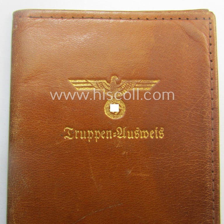 Period, WH (Heeres o. KM) light-brown-coloured- and/or genuine-leather-based protective ID-document-cover (ie. 'Hülle') as was intended for storage of a: 'Truppen-Ausweis' (or: troops identity-document)
