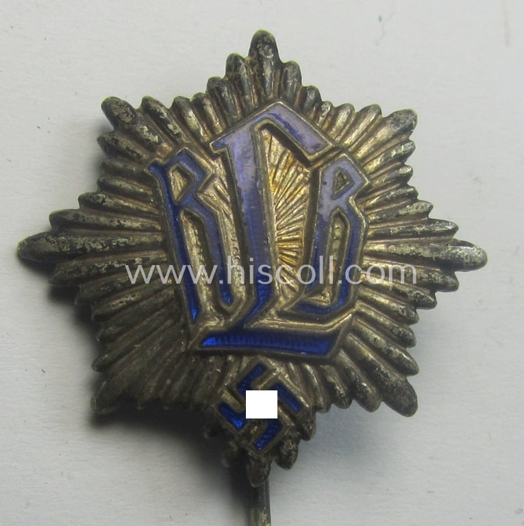 Semi-enamelled, RLB- (ie. 'Reichluftschützbund') 'Zivilabzeichen' or: civil-attire badge (of the first pattern) that is bearing a maker- (ie. 'Hofstätter - Bonn') and/or patent-pending- (ie. 'Ges.Gesch.'-) marking