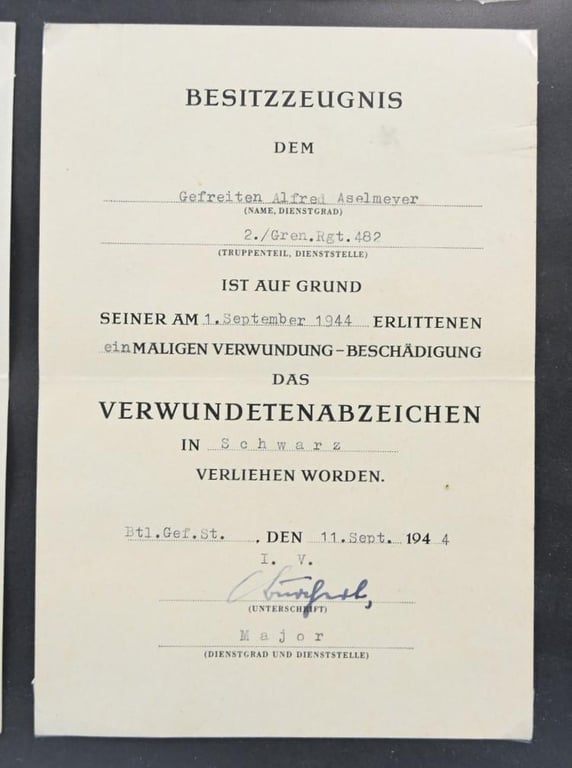German WH Document Grouping 'Obergefreiter Alfred Aselmeyer'