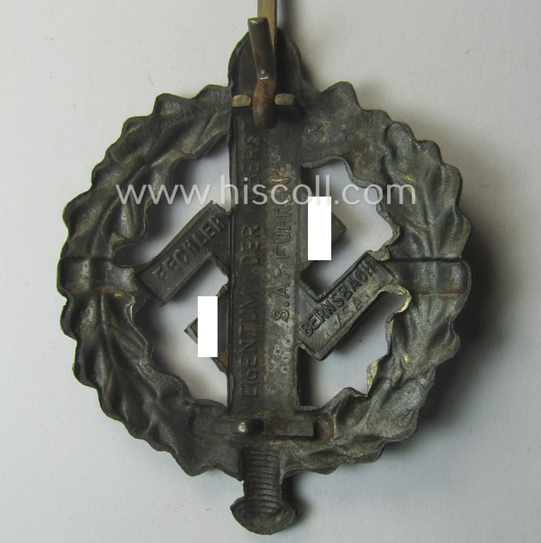 Later- (ie. mid-) war-period example of an: 'SA-Sportabzeichen in Bronze' being a detailed and/or neatly maker- (ie. 'Fechler - Bernsbach i. Sa.'-) marked example that is void of a bearers'-number