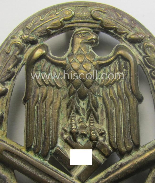 Attractive - and moderately used- ie. worn! - 'Allgemeines Sturmabzeichen' (or: General Assault Badge ie. GAB) being a (typical) unmarked 'Buntmetall'-based and/or scarcely seen 'hollow-back'-version as produced by the: 'Otto Schickle'-compan...