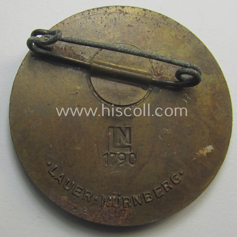Fairly luxuriously styled, so-called: N.S.D.A.P.-related 'tinnie' (ie. 'Tagungs- o. Veranstaltungsabzeichen'-) being a clearly maker- (ie. 'LN 1790'-) marked example depicting the text: 'Reichsparteitag 1935'