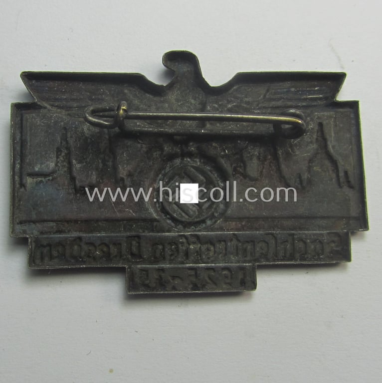 Commemorative, silver-toned and/or typical tin-based: 'N.S.D.A.P.'-related 'tinnie' being a detailed and non-maker-marked example showing the text: 'Sachsentreffen Dresden - 1925-35'