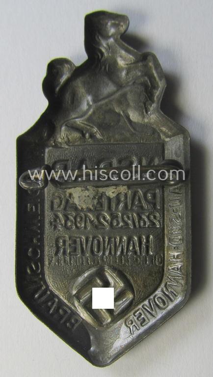 N.S.D.A.P.-related 'tinnie' (ie. 'Tagungs- o. Veranstaltungsabzeichen'-) being a maker- (ie. 'Fr. Linden'-) marked- and bronze-toned example showing the text: 'N.S.D.A.P.-Parteitag - 23/25-2-1934 - Hannover'