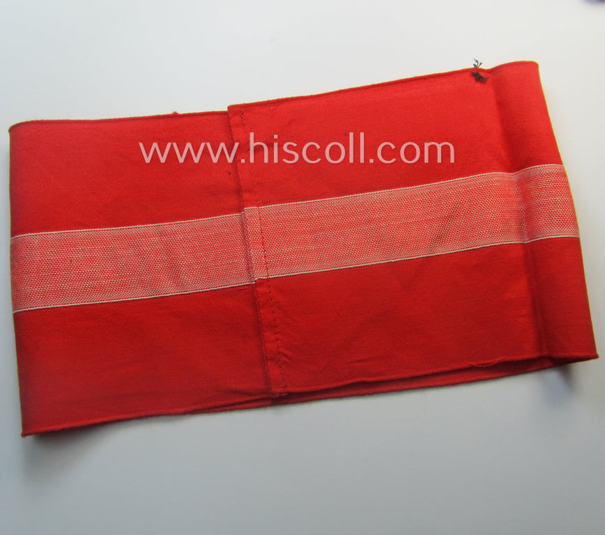 Attractive - and scarcely found! - 'standard-issued'- (ie. entirely woven) pattern, bright-red-coloured HJ- (ie. 'Hitlerjugend'-) related armband (ie. 'Armbinde') being a minimally used example that still shows its period-attached 'RzM'-etiket
