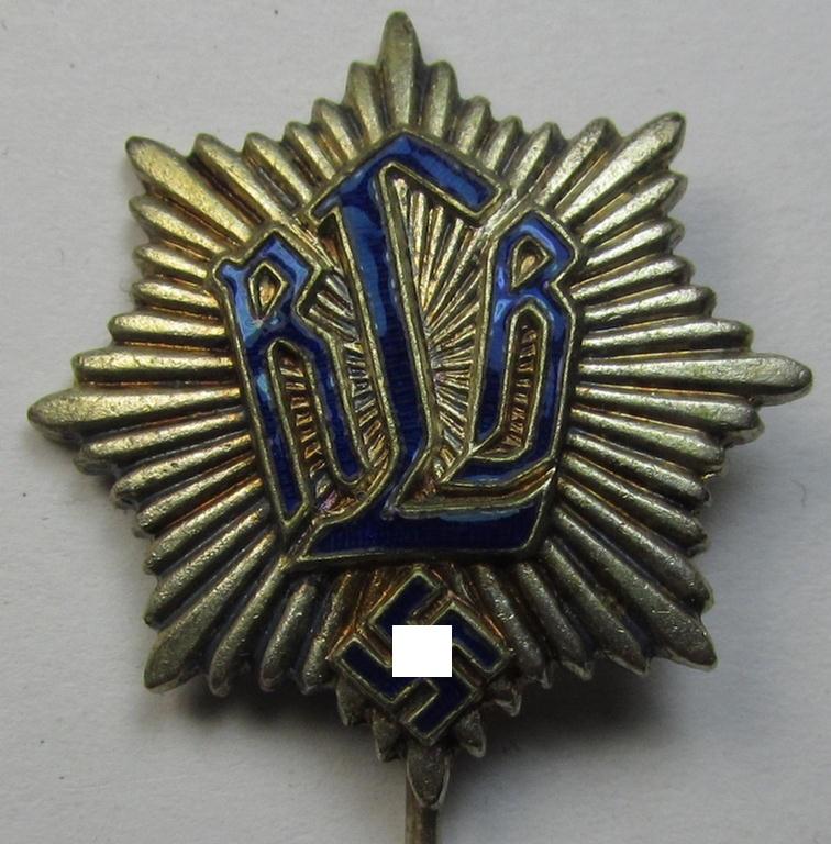 Semi-enamelled RLB- (ie. 'Reichluftschützbund') 'Zivilabzeichen' or: civil-attire badge (of the first pattern) that is neatly maker- (ie. 'H.Schauenburg - Pforzheim'-) marked and bearing a patent-pending- (ie. 'Ges.Gesch.'-) marking on its ba...
