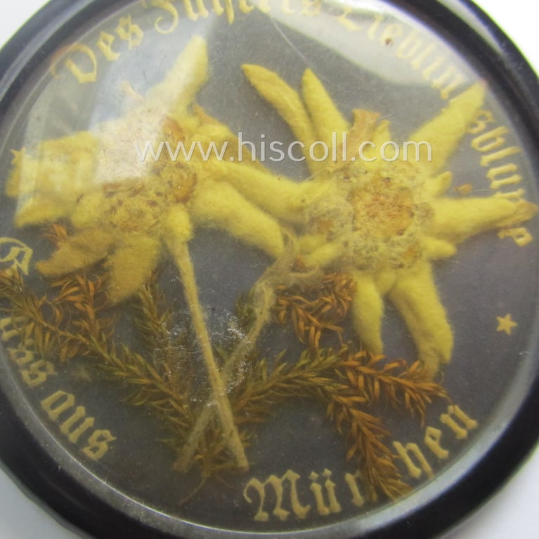 Interesting, TR-period 'souvenir-item' being a small-sized 'frame' showing two (genuine!) 'Edelweiss'-flowers coupled with the text: 'Des Führers Lieblingsblume - Grüss aus München'