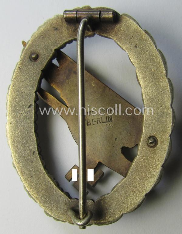 Stunning - and I deem fairly early-war-period! - WH (Luftwaffe) 'Fallschirmschützen-Abzeichen' (or: paratroopers-badge) being a maker- (ie. 'Imme & Sohn'-) marked- and/or: typical 'Tombak'- (ie. 'Buntmetall'-) based example