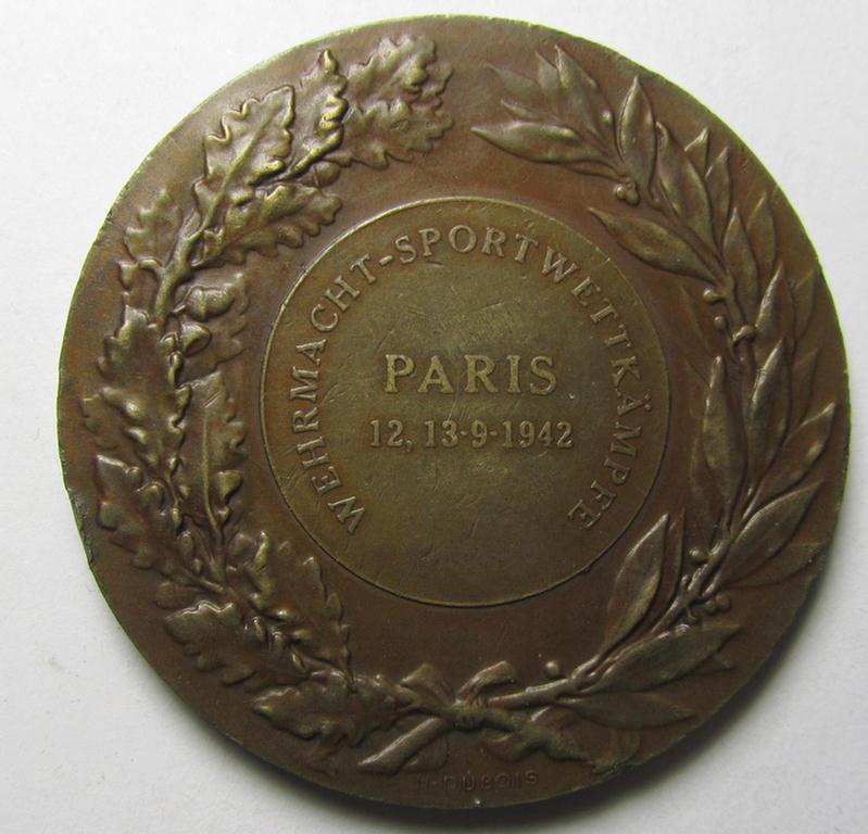 Superb, commemorative, unusually French-produced(!), bronze-based and/or WH-related sports-plaque (ie. 'Erinnerungs- o. nichttragbare Auszeichnungsplakette') showing the text: 'Wehrmacht-Sportwettkämpfe - Paris - 12.13.-9-1942'