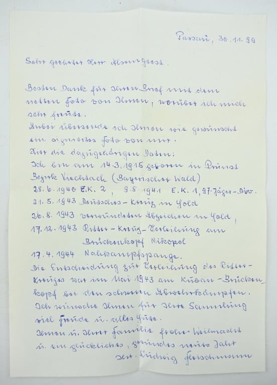 Signature of Wehrmacht Heer KC Recipient 'Ludwig Fleischmann'