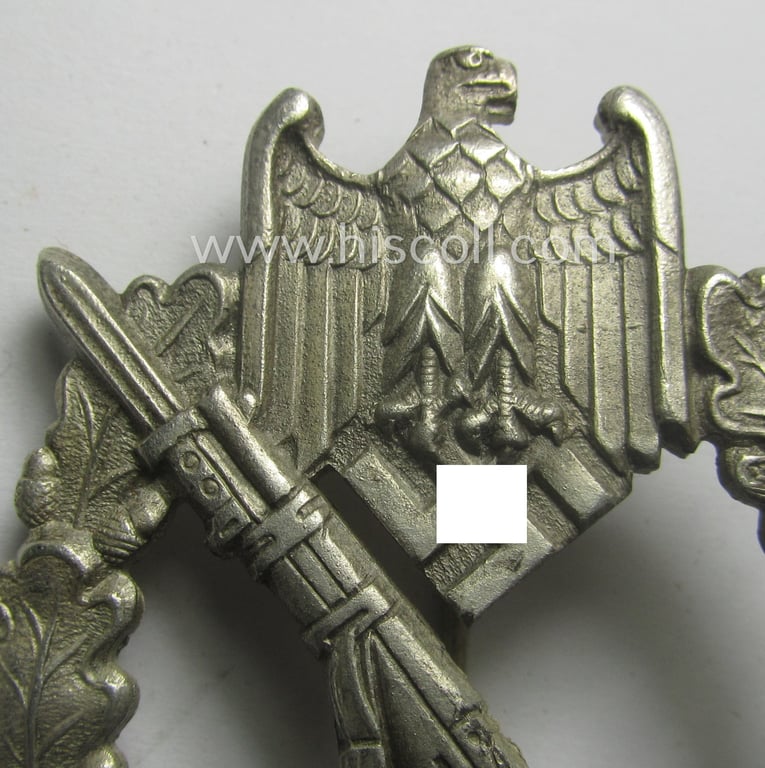 Attractive, 'Infanterie-Sturmabzeichen in Silber' (or: silver-class infantry-assault badge ie. IAB) being a neatly maker- (ie. 'C.W'- or: 'Carl Wild'-) marked example as executed in truly 'frosted', silverish-coloured 'Feinzink'
