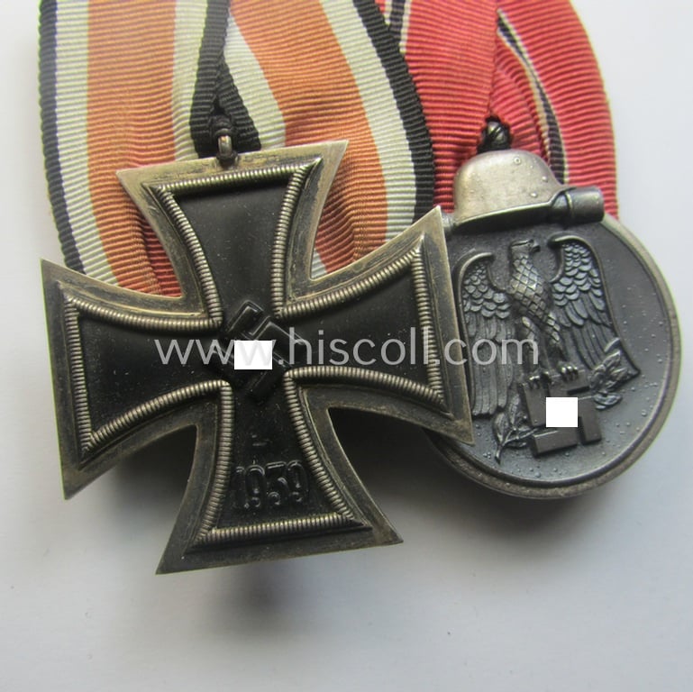 Minimally used example of a two-pieced WH (Heeres, LW o. KM etc.) medal-bar (ie. 'Orden- o. Doppelspange') showing resp. an: 'EKII. Kl.' and a medal: 'Winterschlacht im Osten 1941-42'