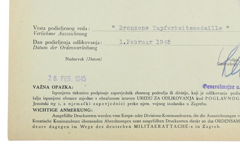 Croatian/German WW2 Bronze Bravery Medal Certificate 'Josef Seiwald'