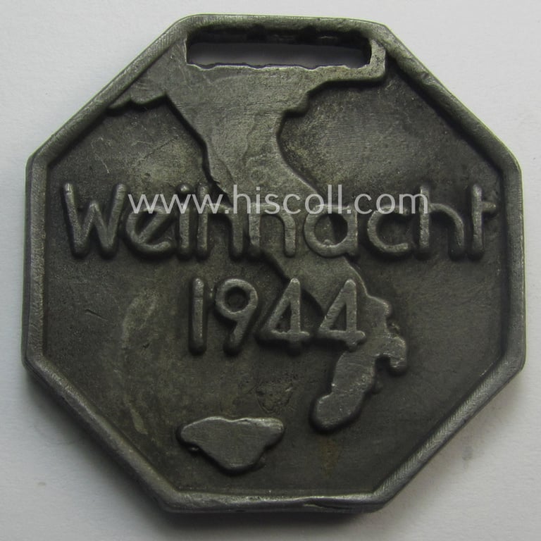 WH (Heeres) 'Grendiere'-related item: a semi-official, commemorative-medal (aka: 'Url') depicting a representation of a bow-and-arrow-design coupled with the text: 'I./1060' and on its back a map of Italy and text: 'Weihnacht 1944'
