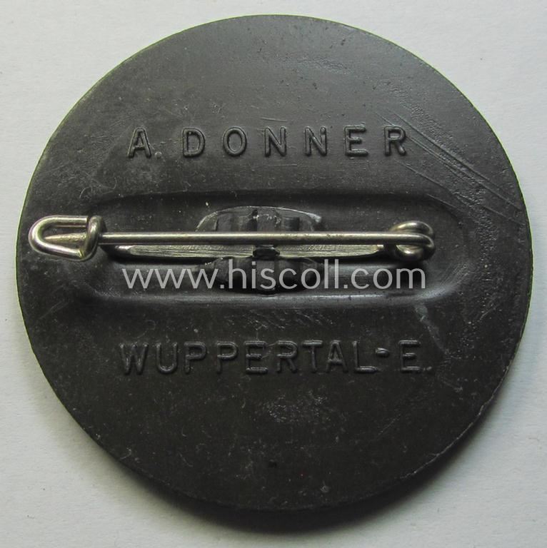 Commemorative, black-toned- and/or: typical zinc-based: 'N.S.K.O.V.'-related 'tinnie' being a maker- (ie. 'A. Donner'-) marked example showing the text: 'Reichstreffen der N.S.K.O.V. - Berlin - 1. Aug. 1937'