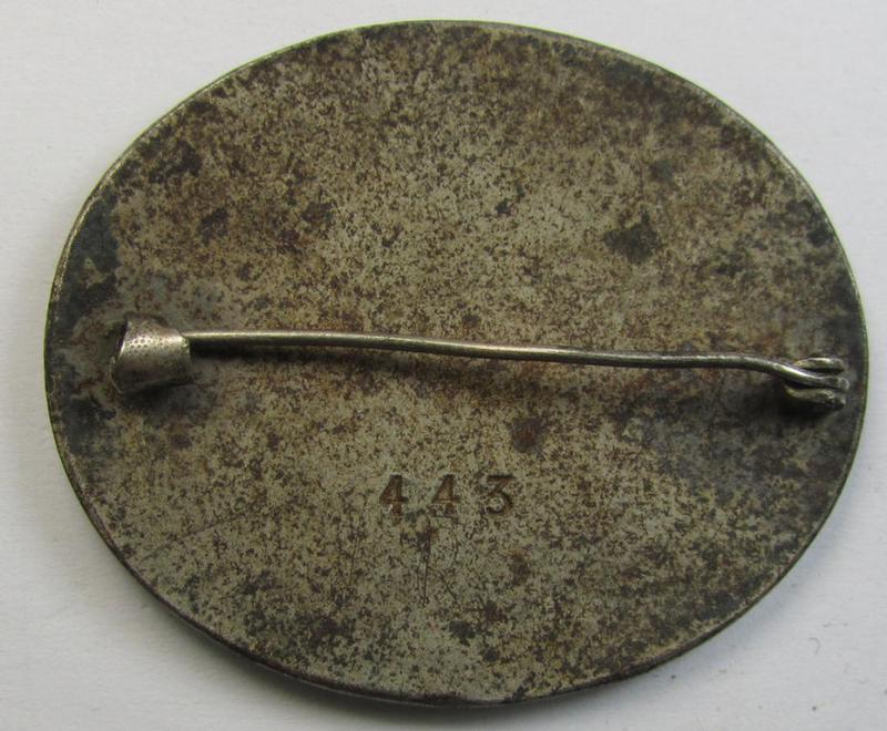 Superb - and rarely encountered! - membership-brooch (ie. 'Mitgliedsbrosche') as intended for a member serving within the: 'Nationalsocialistische Schwesternschaft o. N.S.S.') showing a unique engraved bearers'-numeral: '443'