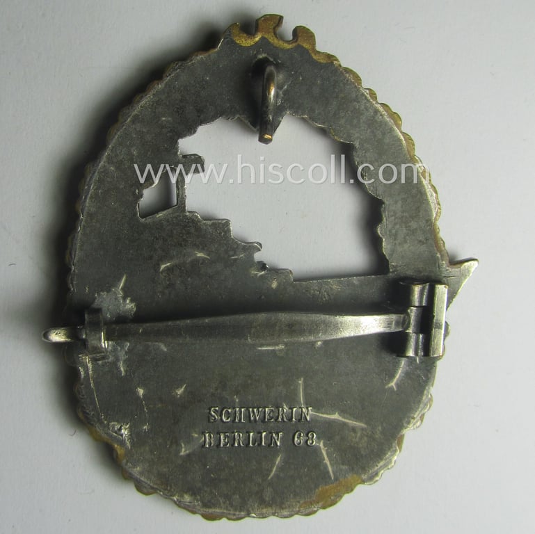 Superb - albeit moderately worn! - luxuriously-styled WH (Kriegsmarine) 'Zerstörerkriegsabzeichen' being a maker-marked example as executed in typical 'Buntmetall' as was produced by the desirable maker (ie. 'Hersteller'): 'Schwerin - Berlin'