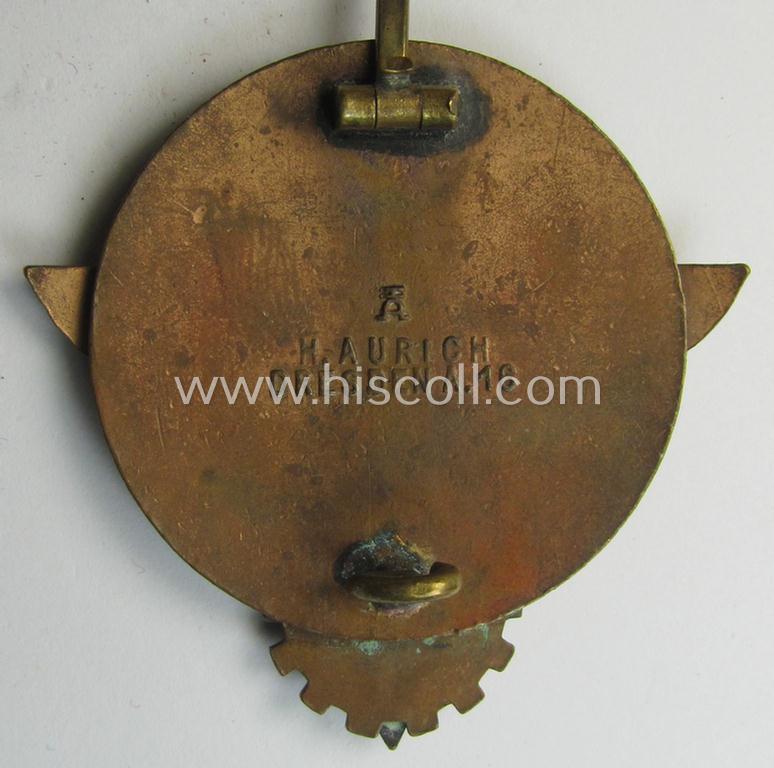 'HJ'- ('Hitlerjugend') ie. 'BDM'- ('Bund Deutscher Mädel') related: 'Reichsberufswettkampf-Siegerabzeichen' (of the 2nd model) entitled: 'Kreissieger 1939' and being a neatly maker- (ie.: 'H. Aurich'-) marked example