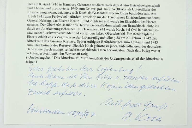 Signature of Wehrmacht Heer KC Recipient 'Dietrich Koch'