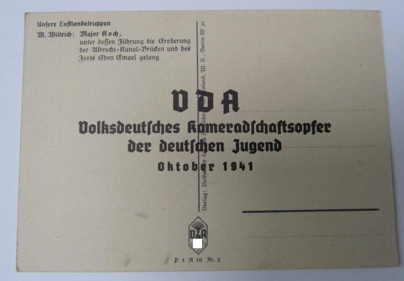 Neat, period- and/or colourfull, so-called: 'Willrich'-type-, picture-postcard from the famous series: 'Unsere Luftlandetruppen', depicting the 'Fallschirmjäger u. Major' Koch that comes in a virtually mint- ie. unissued condition