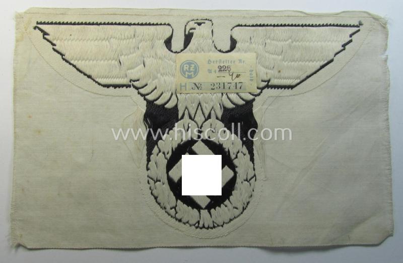 Attractive - and fairly large-sized! - example of a linnen-based N.S.D.A.P.-related sport-shirt badge (ie. 'Brustabzeichen für Sportanzug') as was executed in the neat 'BeVo-weave pattern and that still retains its period-attached 'RzM'-etiket