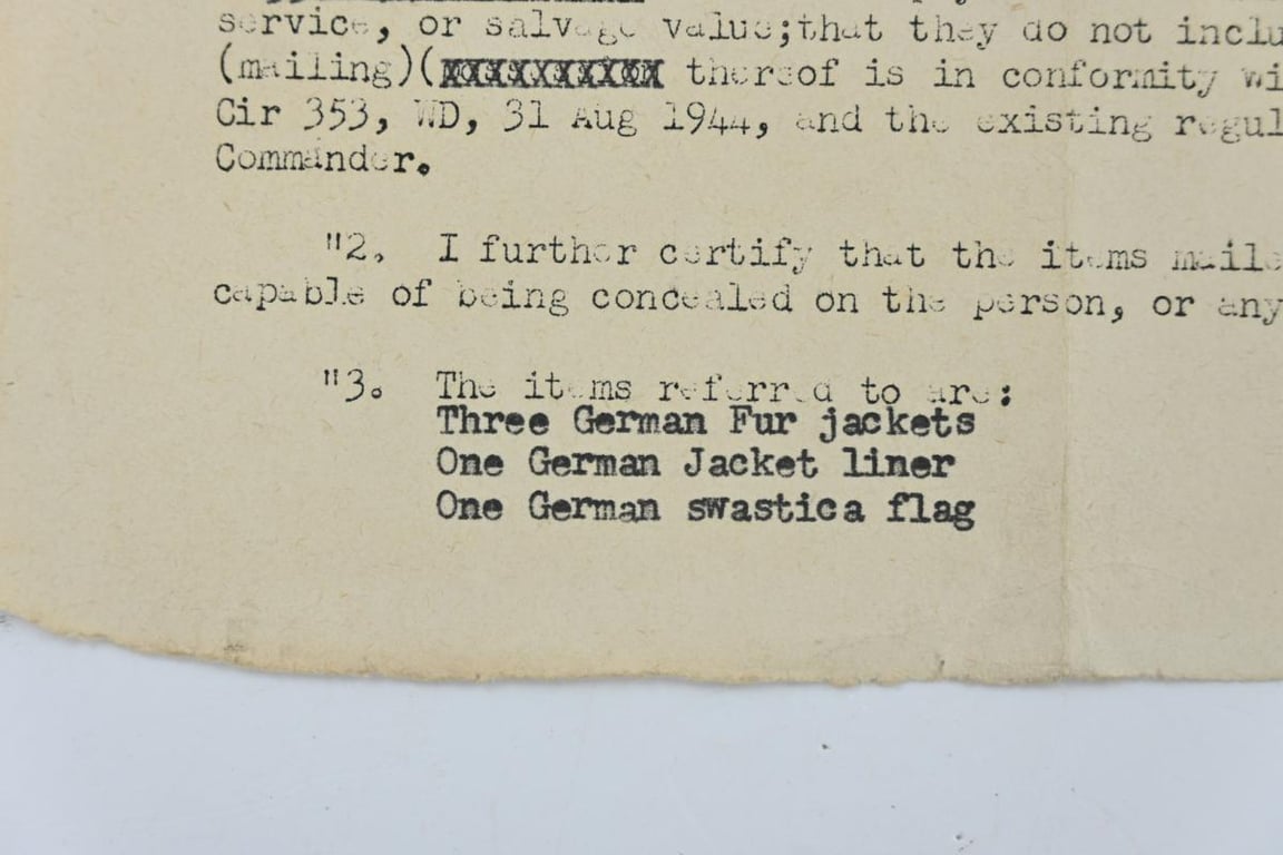 US WW2 Captured Military Items Certificate