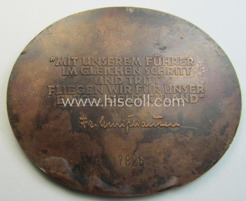 Unusual - and most certainly very decorative! - N.S.F.K.-related so-called: 'Bronzerne Teilnehmerplakette - Deutschlandflug - 1938' being a nicely preserved (but minimally damaged) example bearing the unique serial-number: '7826'